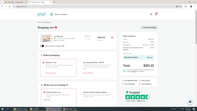 Tinggly checkout page showing Tinggly discount code box | Screenshot taken by SimplyCodes community member on Jul 13, 2024