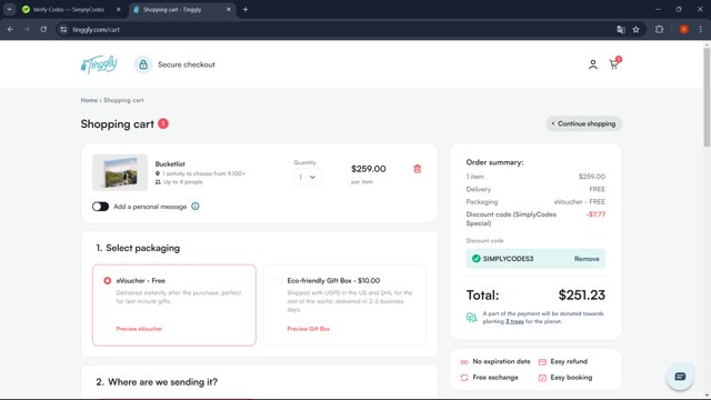 Tinggly checkout page showing Tinggly discount code box | Screenshot taken by SimplyCodes community member on Jul 22, 2024