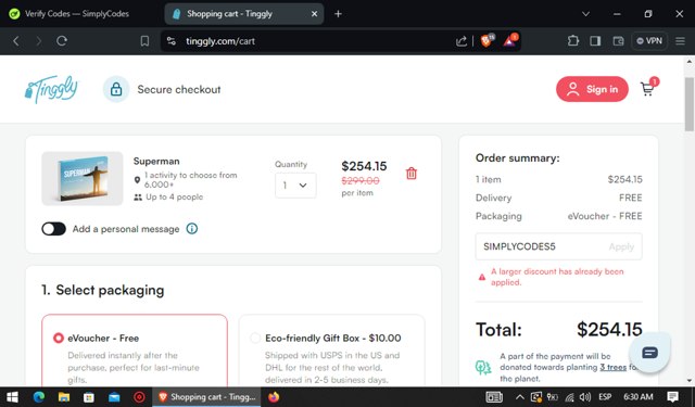 Tinggly checkout page showing Tinggly discount code box | Screenshot taken by SimplyCodes community member on Jun 14, 2024