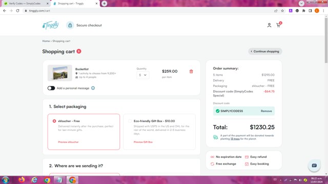 Tinggly checkout page showing Tinggly discount code box | Screenshot taken by SimplyCodes community member on Jul 13, 2024