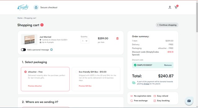 Tinggly checkout page showing Tinggly discount code box | Screenshot taken by SimplyCodes community member on Jul 22, 2024