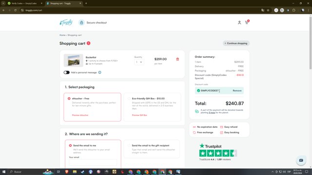 Tinggly checkout page showing Tinggly discount code box | Screenshot taken by SimplyCodes community member on Aug 20, 2024