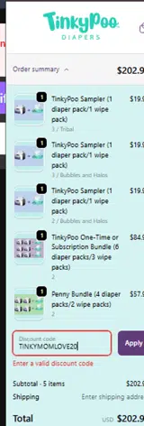 TINKYMOMLOVE20 coupon verification screenshot