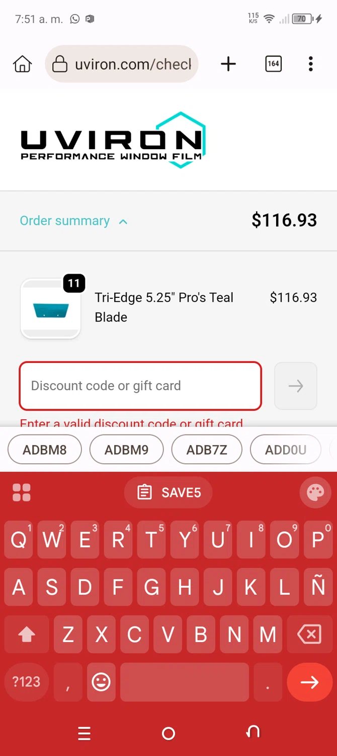 Uviron discount code screenshot showing code SAVE5 applied at Uviron checkout page. Uploaded by SimplyCodes community member Typer19 on Nov 30, 2025