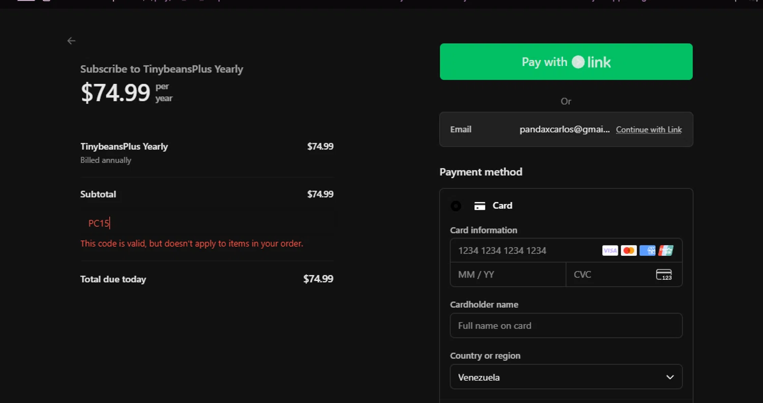 Tinybeans discount code screenshot showing code PC15 applied at Tinybeans checkout page. Uploaded by SimplyCodes community member chepipi on Oct 3, 2025