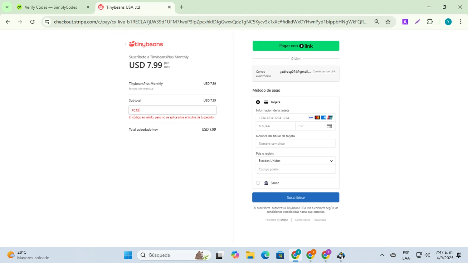 Tinybeans discount code screenshot showing code PC15 applied at Tinybeans checkout page. Uploaded by SimplyCodes community member yadiracg074 on Sep 4, 2025