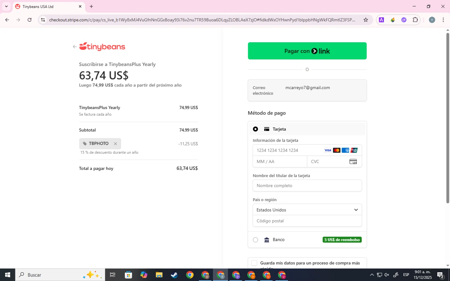 Tinybeans discount code screenshot showing code TBPHOTO applied at Tinybeans checkout page. Uploaded by SimplyCodes community member CashLynx4610 on Dec 15, 2025