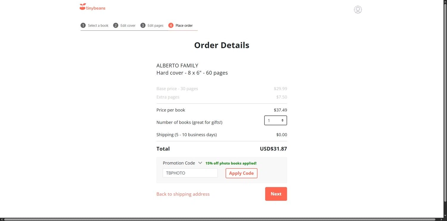 Tinybeans discount code screenshot showing code TBPHOTO applied at Tinybeans checkout page. Uploaded by SimplyCodes community member Depressive on Oct 18, 2025