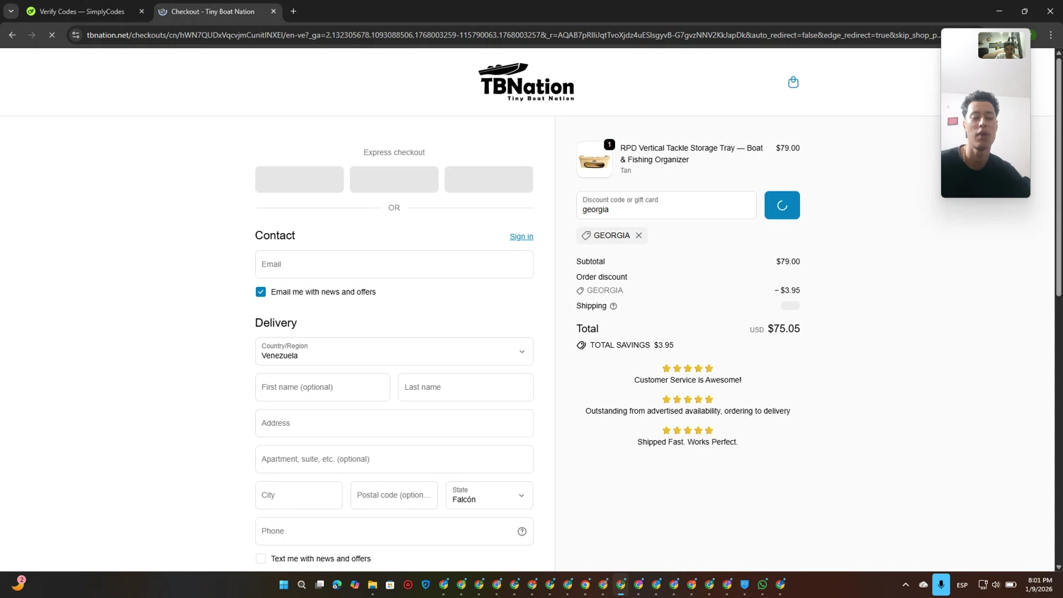 Tiny Boat Nation promo code screenshot showing code georgia applied at Tiny Boat Nation checkout page. Uploaded by SimplyCodes community member GoldScout9735 on Jan 10, 2026