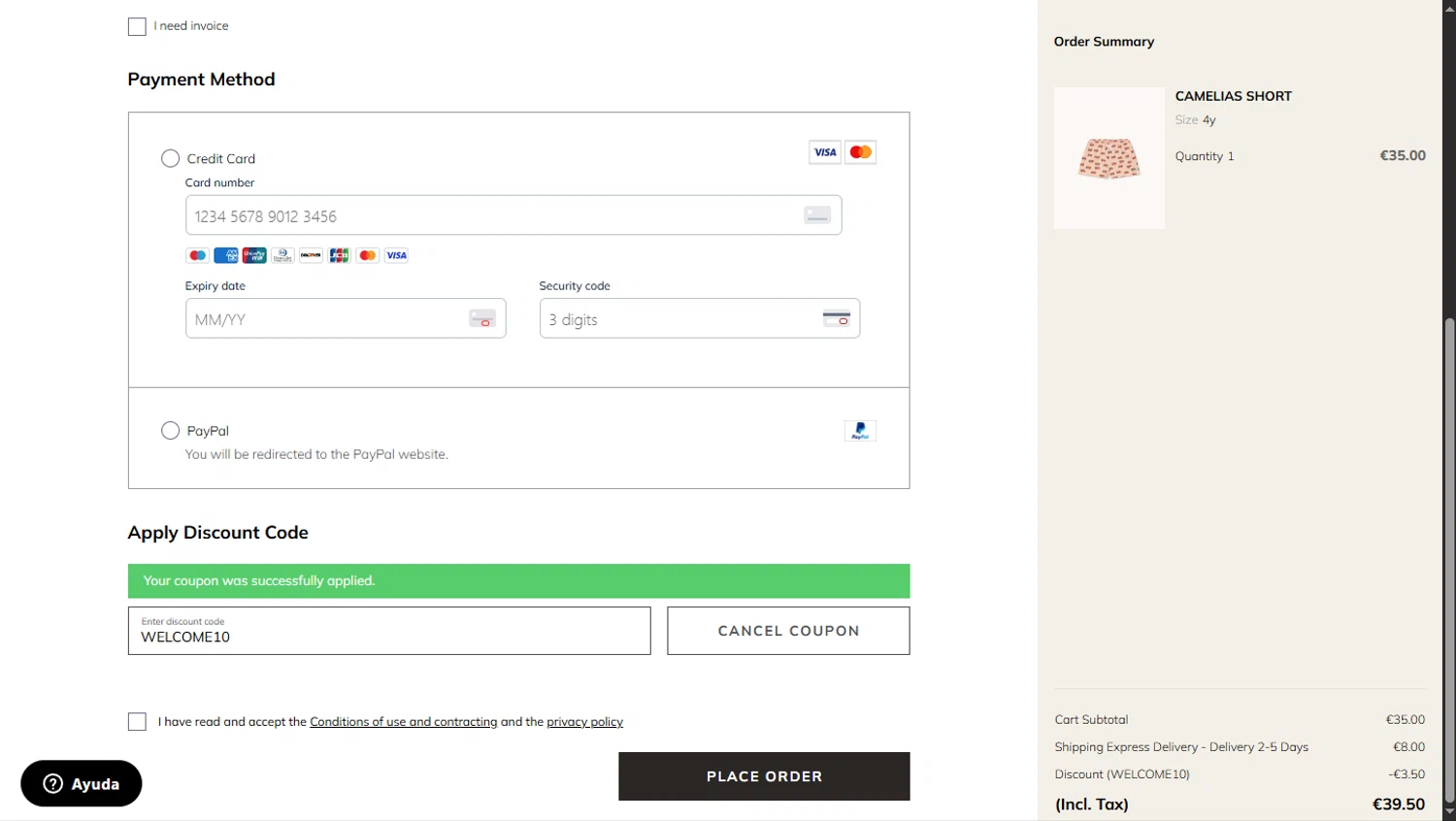TinyCottons coupon code screenshot showing code WELCOME10 applied at TinyCottons checkout page. Uploaded by SimplyCodes community member TokioMiller on Jul 24, 2025