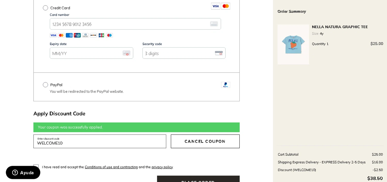 TinyCottons coupon code screenshot showing code WELCOME10 applied at TinyCottons checkout page. Uploaded by SimplyCodes community member xHRxUltrax on Jun 25, 2025