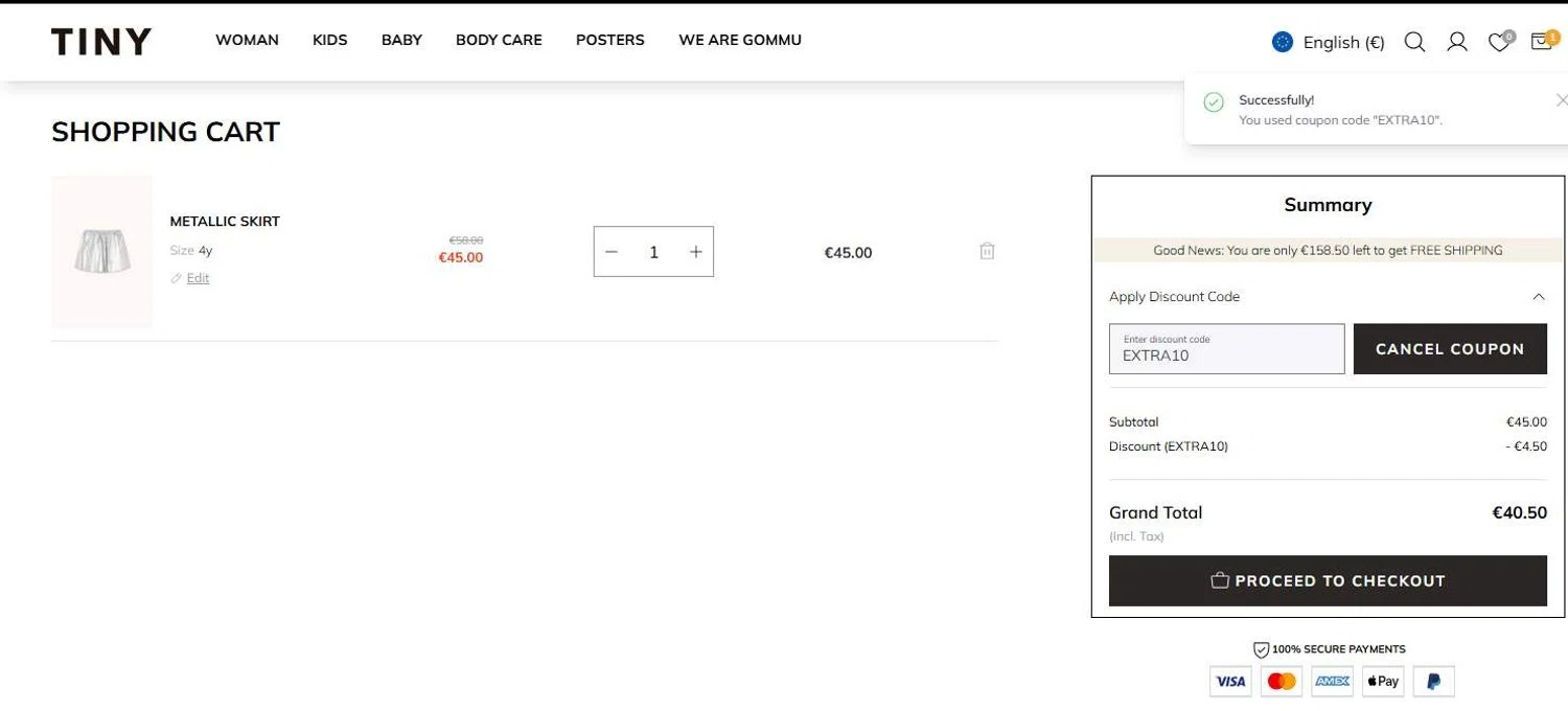 TinyCottons coupon code screenshot showing code EXTRA10 applied at TinyCottons checkout page. Uploaded by SimplyCodes community member stygian1 on Jun 26, 2025