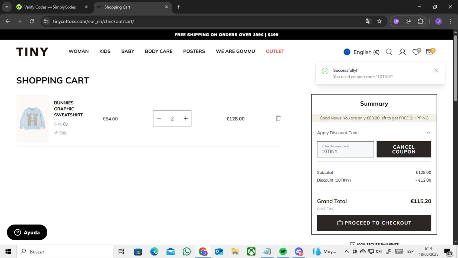 TinyCottons coupon code screenshot showing code 10TINY applied at TinyCottons checkout page. Uploaded by SimplyCodes community member ENCARAMESSI on May 18, 2025