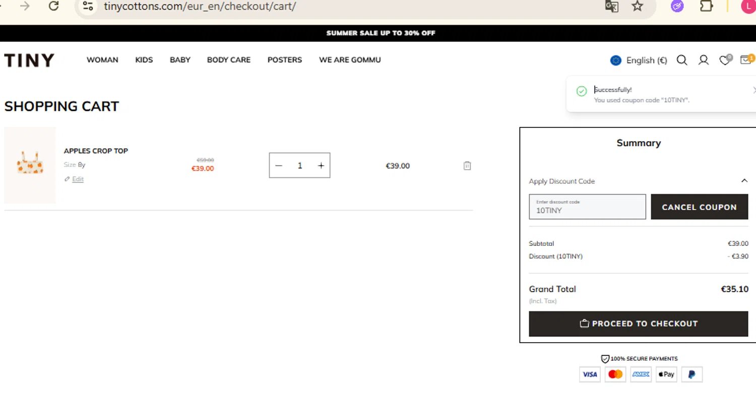 TinyCottons coupon code screenshot showing code 10TINY applied at TinyCottons checkout page. Uploaded by SimplyCodes community member RewardFinder4836 on Jun 16, 2025