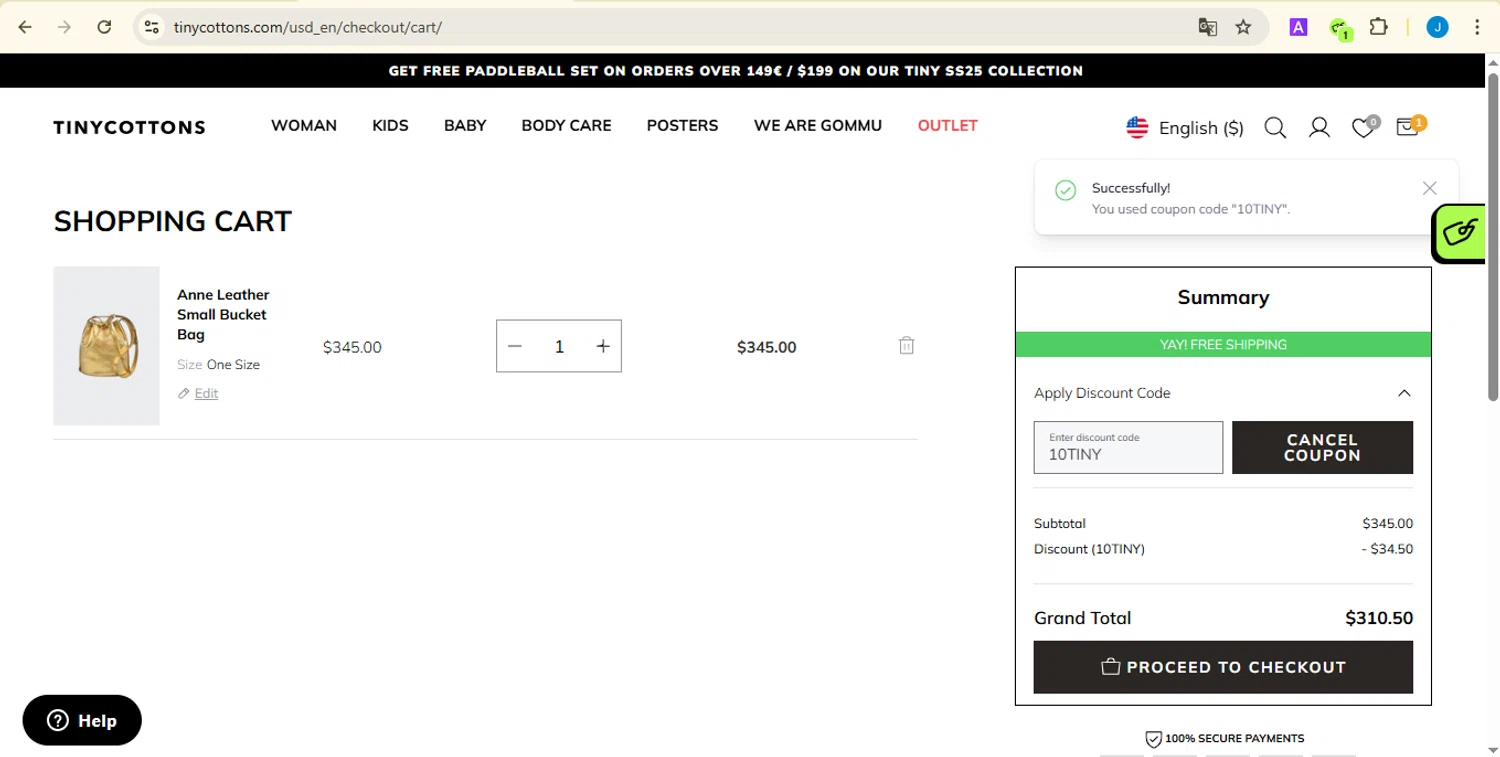 TinyCottons coupon code screenshot showing code 10TINY applied at TinyCottons checkout page. Uploaded by SimplyCodes community member jessicasuarez on Apr 19, 2025