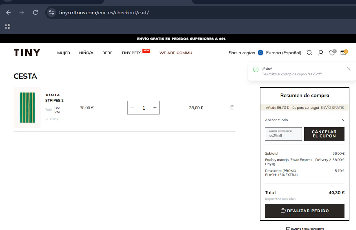 TinyCottons checkout page showing TinyCottons coupon code box | Screenshot taken by SimplyCodes community member on Dec 29, 2025