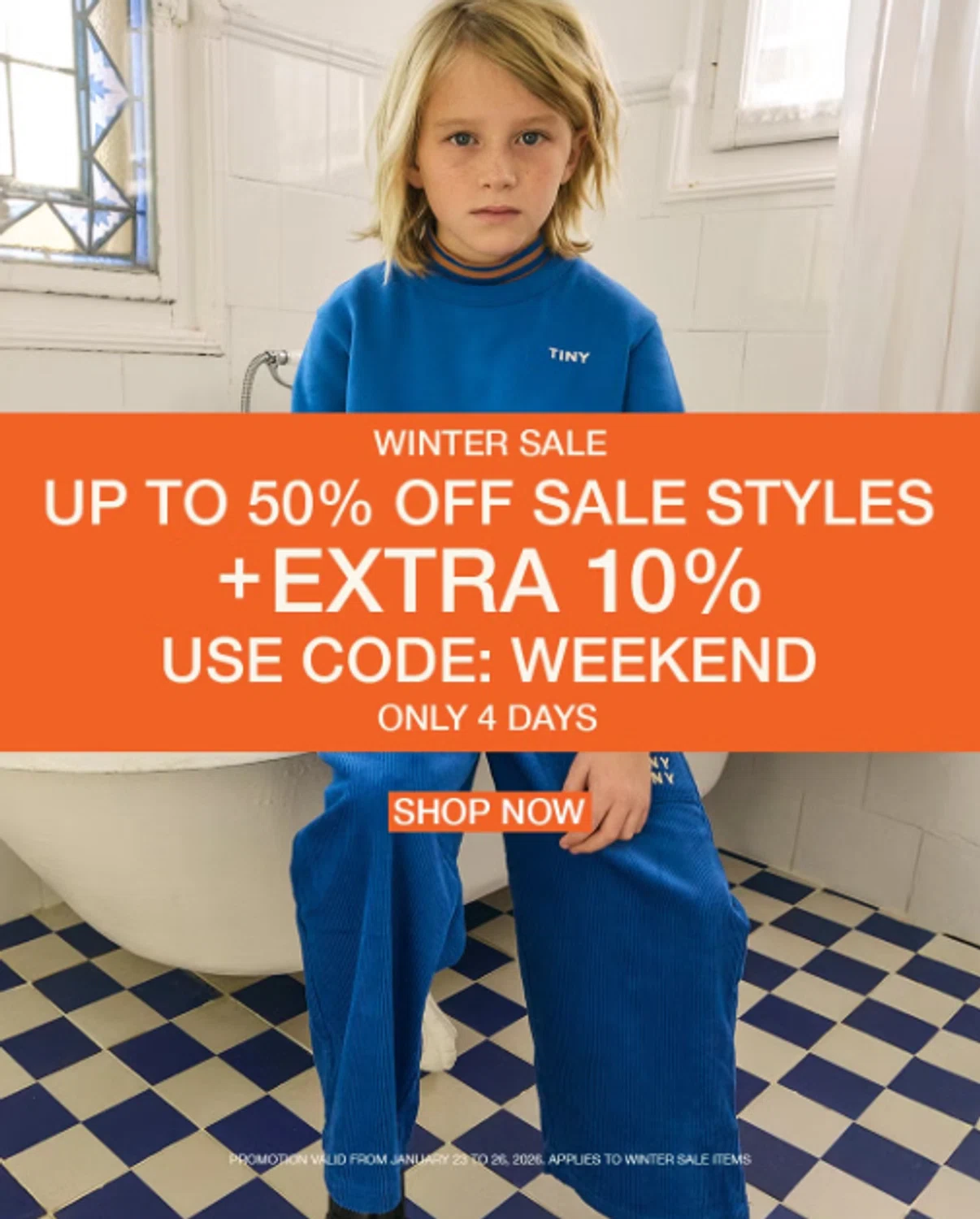 TinyCottons coupon code screenshot showing code WEEKEND applied at TinyCottons checkout page. Uploaded by SimplyCodes community member anosesmith on Jan 23, 2026