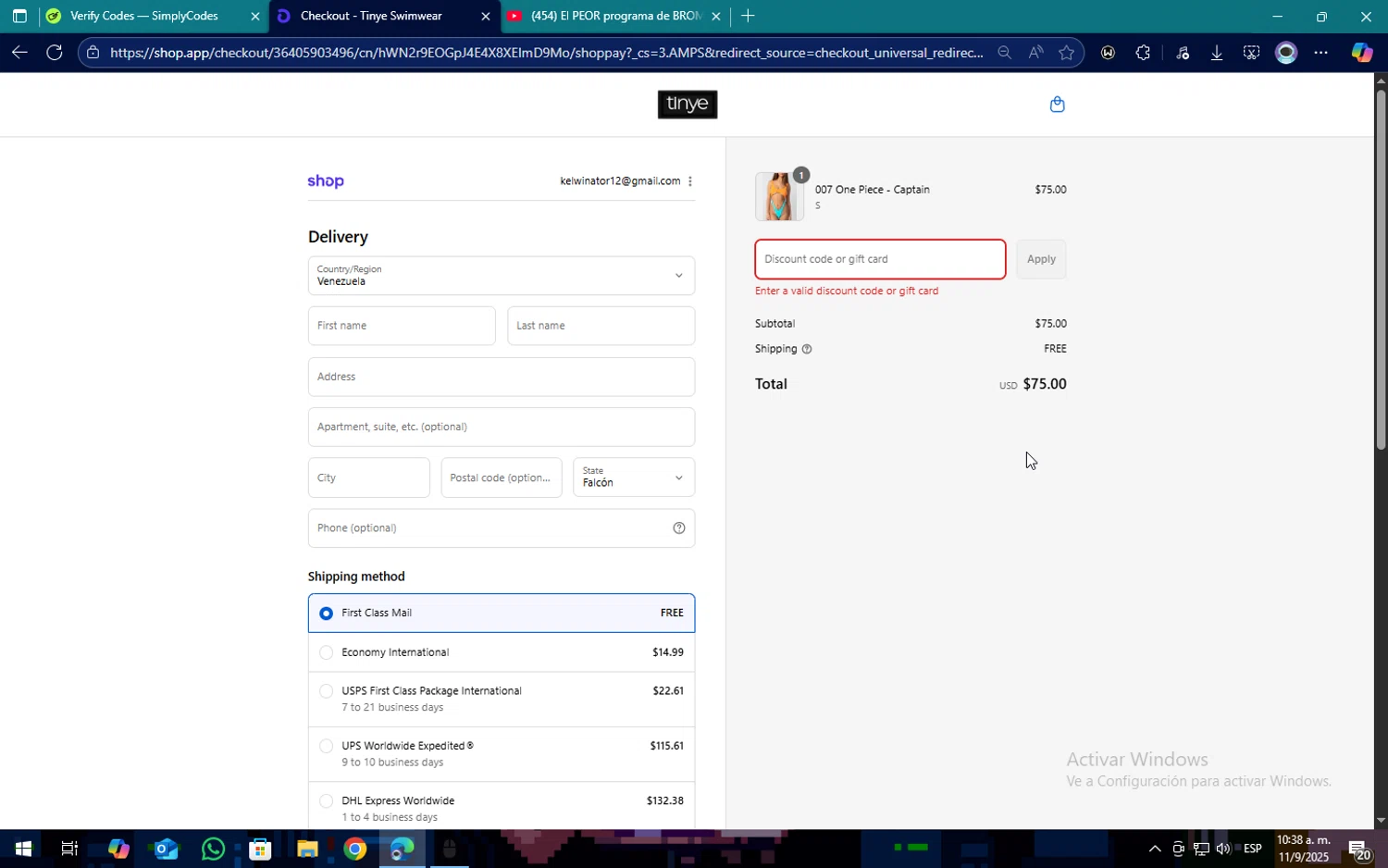 Tinye Swimwear discount code screenshot showing code PARTY5 applied at Tinye Swimwear checkout page. Uploaded by SimplyCodes community member SOPACONPAN on Sep 11, 2025