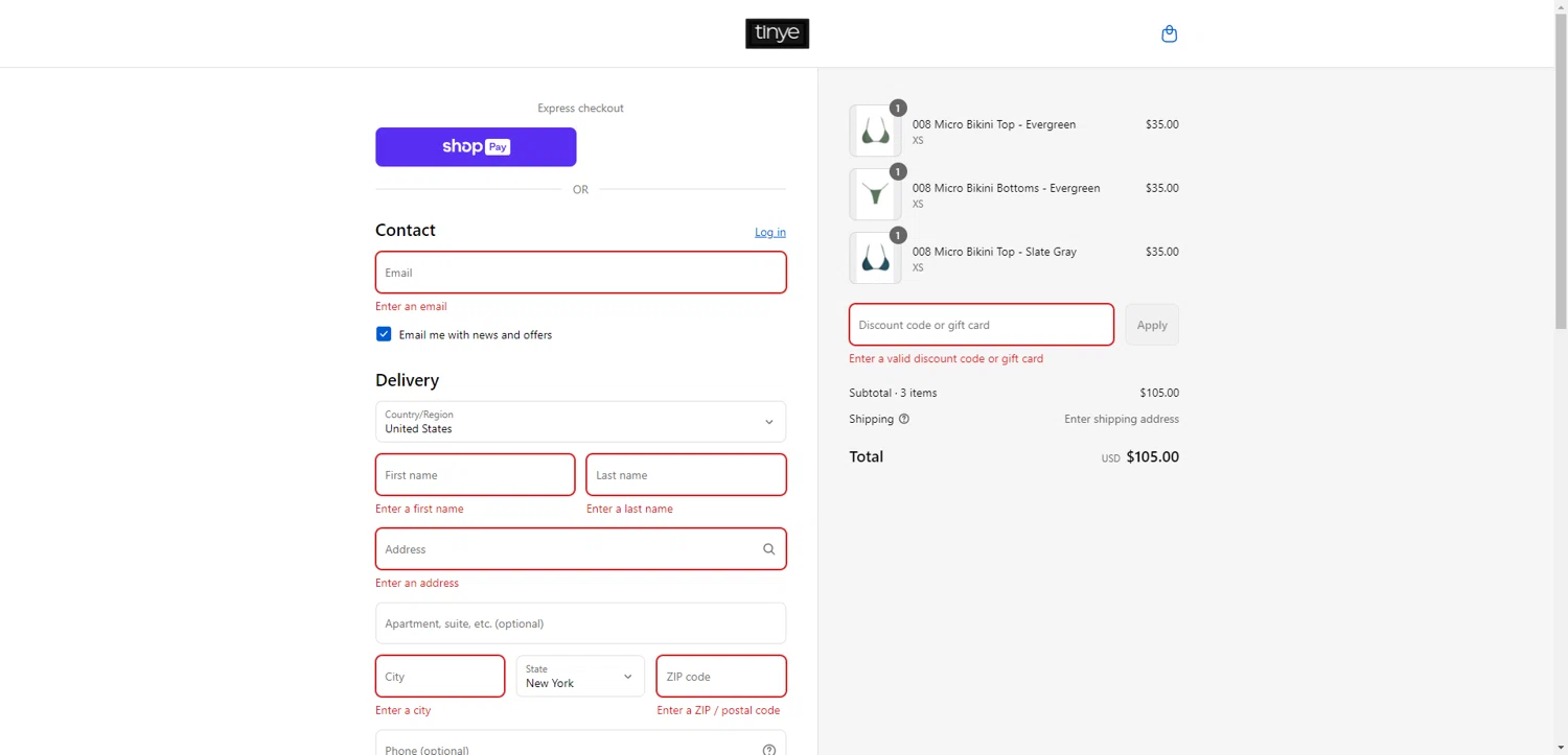 Tinye Swimwear discount code screenshot showing code LONGWKND applied at Tinye Swimwear checkout page. Uploaded by SimplyCodes community member CleverHawk1744 on Aug 26, 2025
