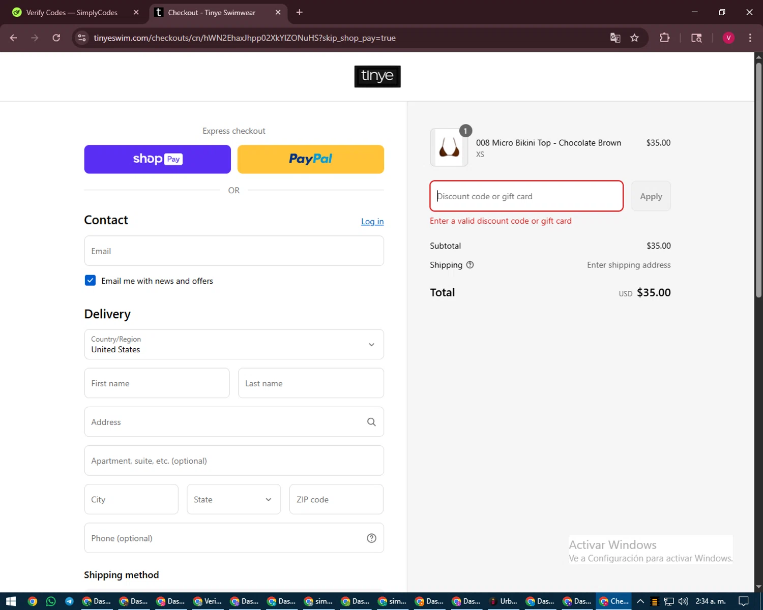Tinye Swimwear discount code screenshot showing code LONGWKND applied at Tinye Swimwear checkout page. Uploaded by SimplyCodes community member ShieldEagle6102 on Aug 26, 2025