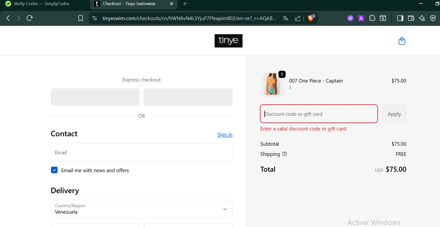 Tinye Swimwear discount code screenshot showing code Christmas20 applied at Tinye Swimwear checkout page. Uploaded by SimplyCodes community member PennyCaptain4684 on Dec 27, 2025