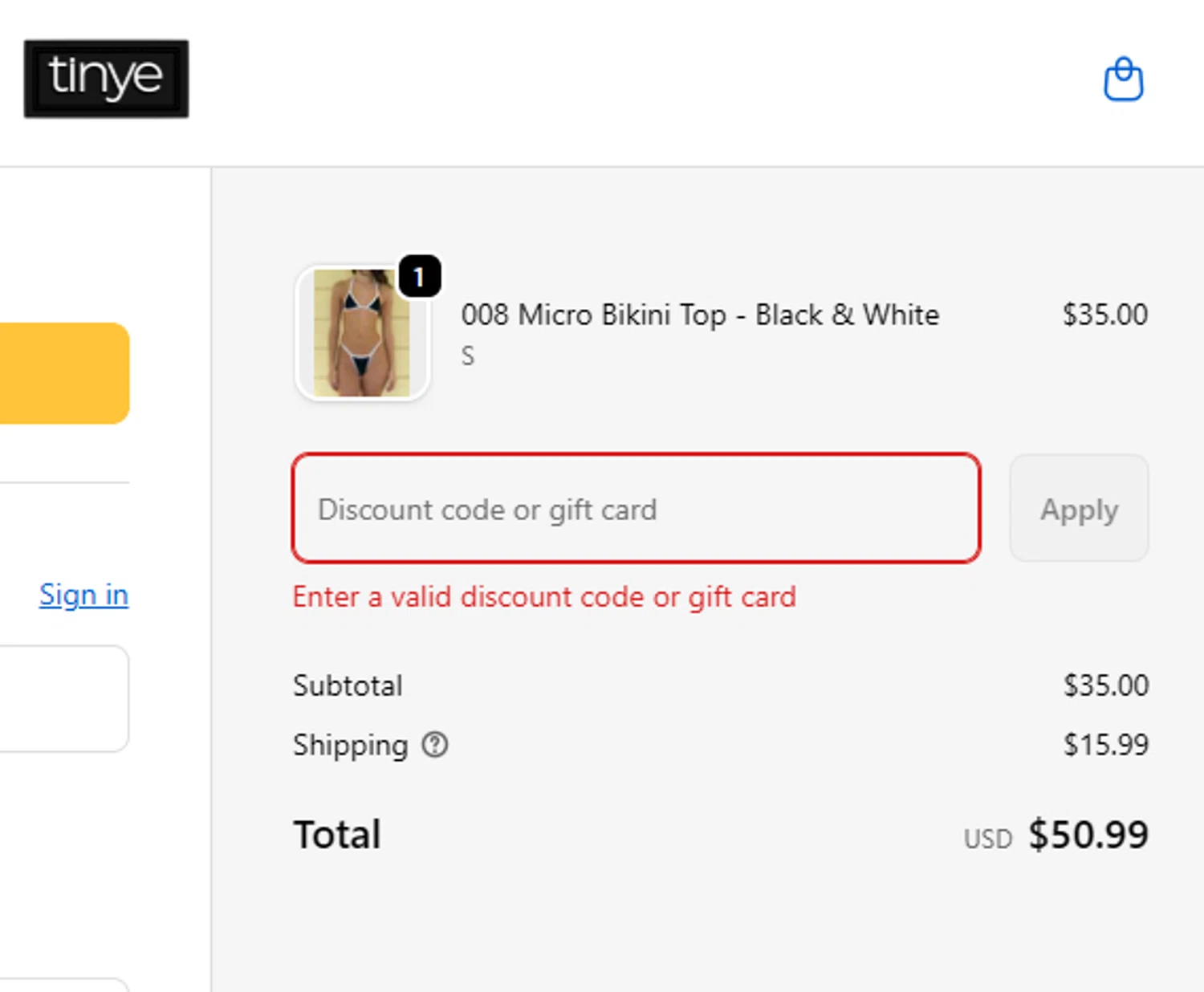 Tinye Swimwear discount code screenshot showing code Christmas20 applied at Tinye Swimwear checkout page. Uploaded by SimplyCodes community member SilverMakeup on Feb 9, 2026