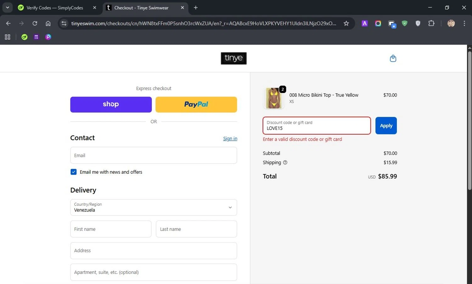 Tinye Swimwear discount code screenshot showing code LOVE15 applied at Tinye Swimwear checkout page. Uploaded by SimplyCodes community member ROCKSORD_2 on Feb 17, 2026