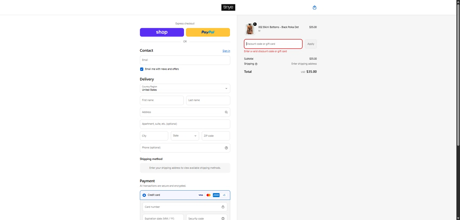 Tinye Swimwear discount code screenshot showing code LOVE15 applied at Tinye Swimwear checkout page. Uploaded by SimplyCodes community member SavvyCollector7681 on Feb 17, 2026
