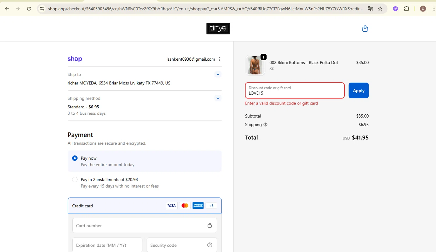 Tinye Swimwear discount code screenshot showing code LOVE15 applied at Tinye Swimwear checkout page. Uploaded by SimplyCodes community member carlosra07 on Feb 17, 2026