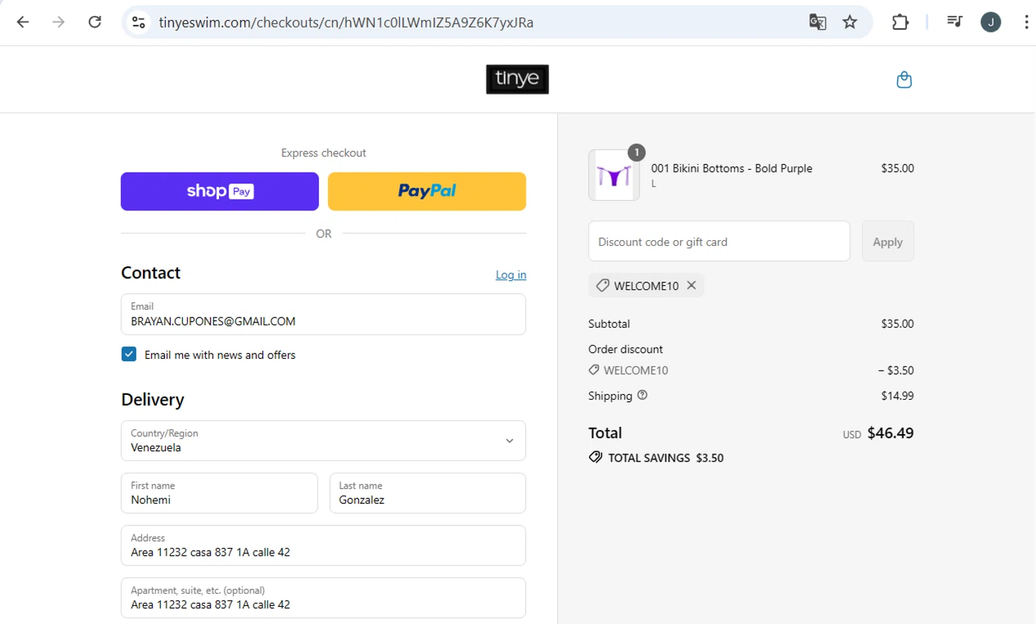 Tinye Swimwear discount code screenshot showing code WELCOME10 applied at Tinye Swimwear checkout page. Uploaded by SimplyCodes community member BB9542251456527 on Aug 10, 2025