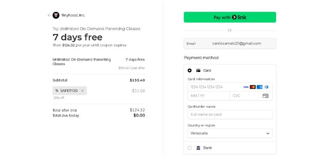 Tinyhood checkout page showing Tinyhood promo code box | Screenshot taken by SimplyCodes community member on Aug 24, 2025