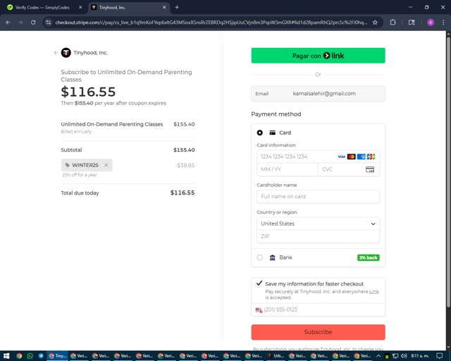 Tinyhood checkout page showing Tinyhood promo code box | Screenshot taken by SimplyCodes community member on Aug 21, 2025