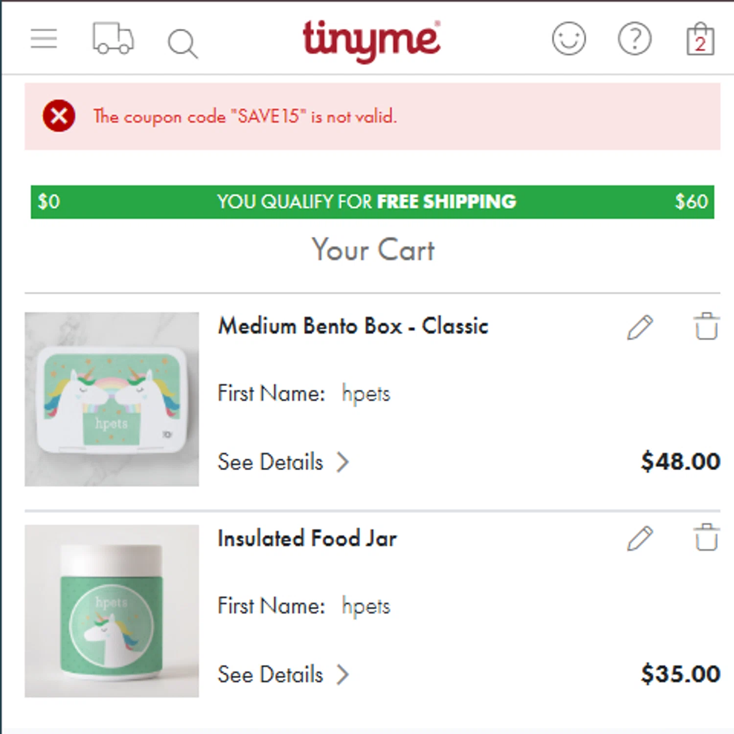 TinyMe promo code screenshot showing code SAVE15 applied at TinyMe checkout page. Uploaded by SimplyCodes community member EugeniaRoMa on Aug 10, 2025