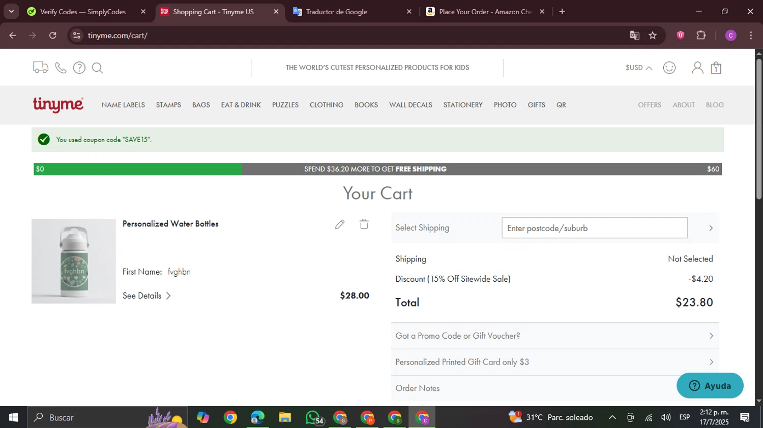 TinyMe checkout page showing TinyMe promo code box | Screenshot taken by SimplyCodes community member on Jul 17, 2025