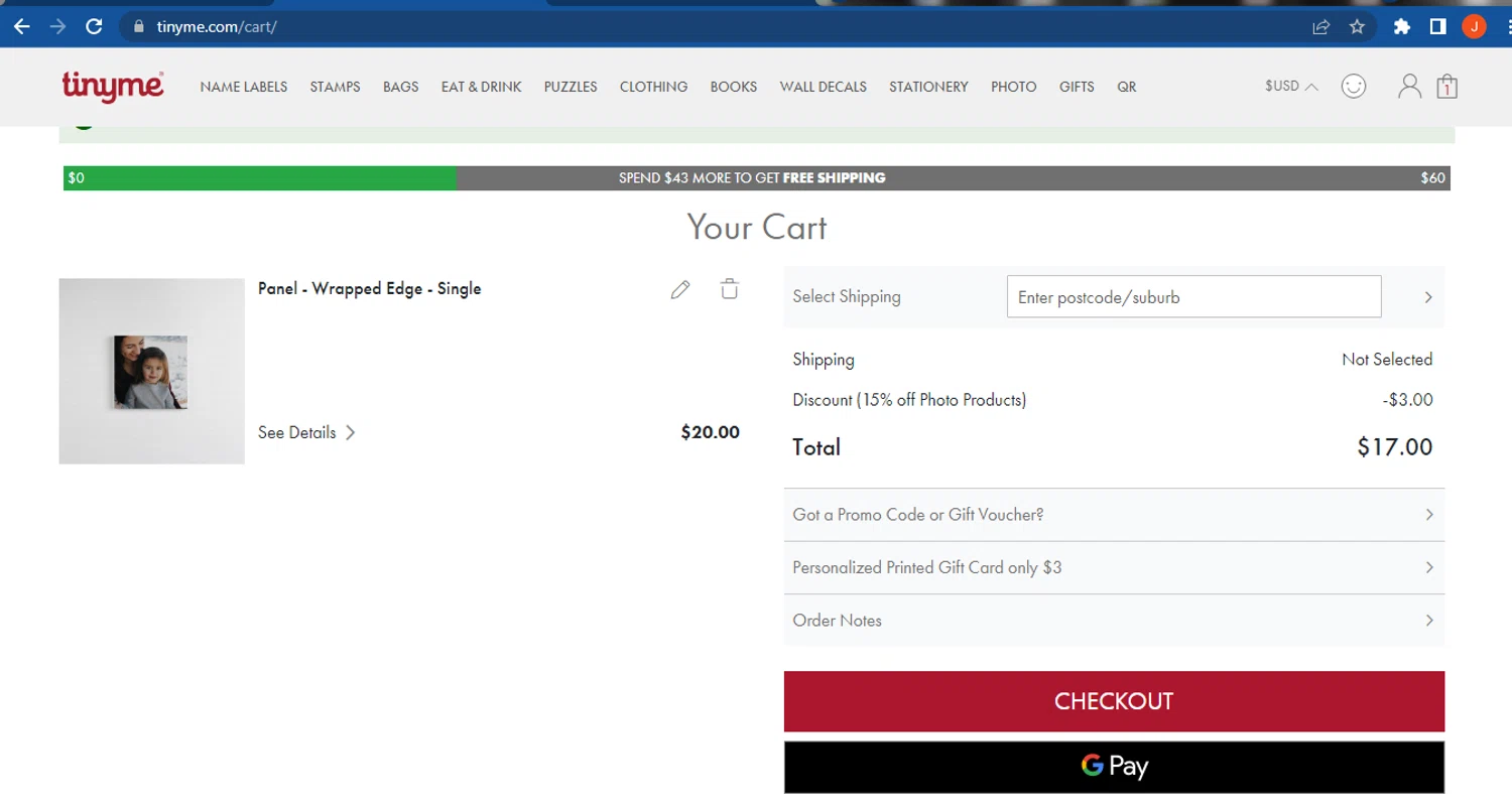 TinyMe promo code screenshot showing code PHOTO15 applied at TinyMe checkout page. Uploaded by SimplyCodes community member FranquizJoel on Apr 22, 2025
