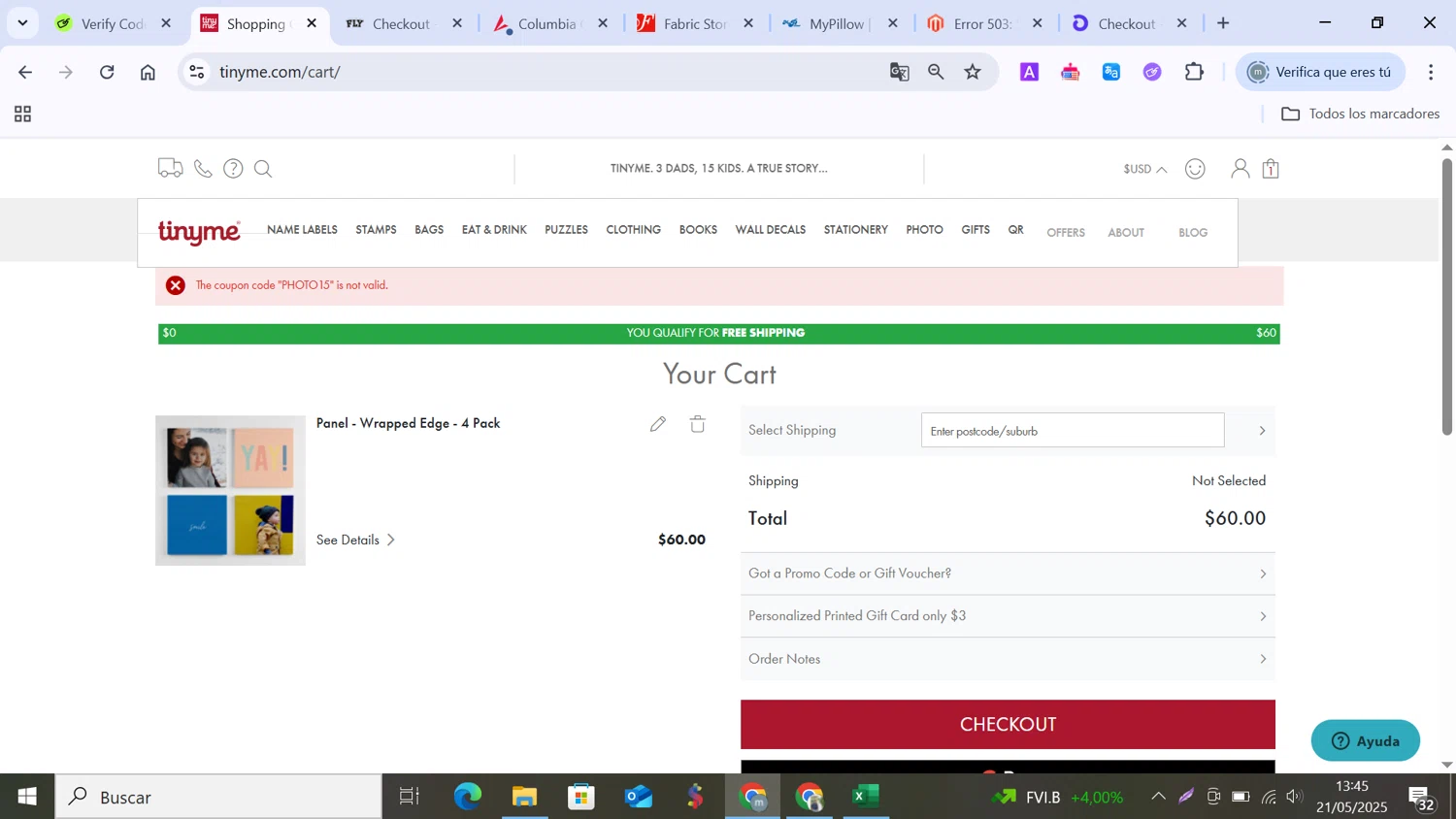 TinyMe promo code screenshot showing code PHOTO15 applied at TinyMe checkout page. Uploaded by SimplyCodes community member MANUELURBINA on May 21, 2025