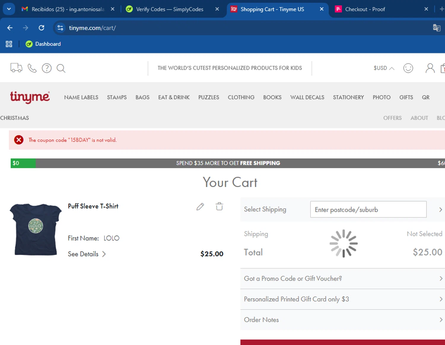 TinyMe promo code screenshot showing code 15BDAY applied at TinyMe checkout page. Uploaded by SimplyCodes community member BargainPhoenix231 on Oct 11, 2025