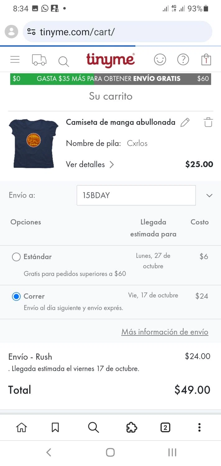 TinyMe promo code screenshot showing code 15BDAY applied at TinyMe checkout page. Uploaded by SimplyCodes community member Menotii23 on Oct 11, 2025