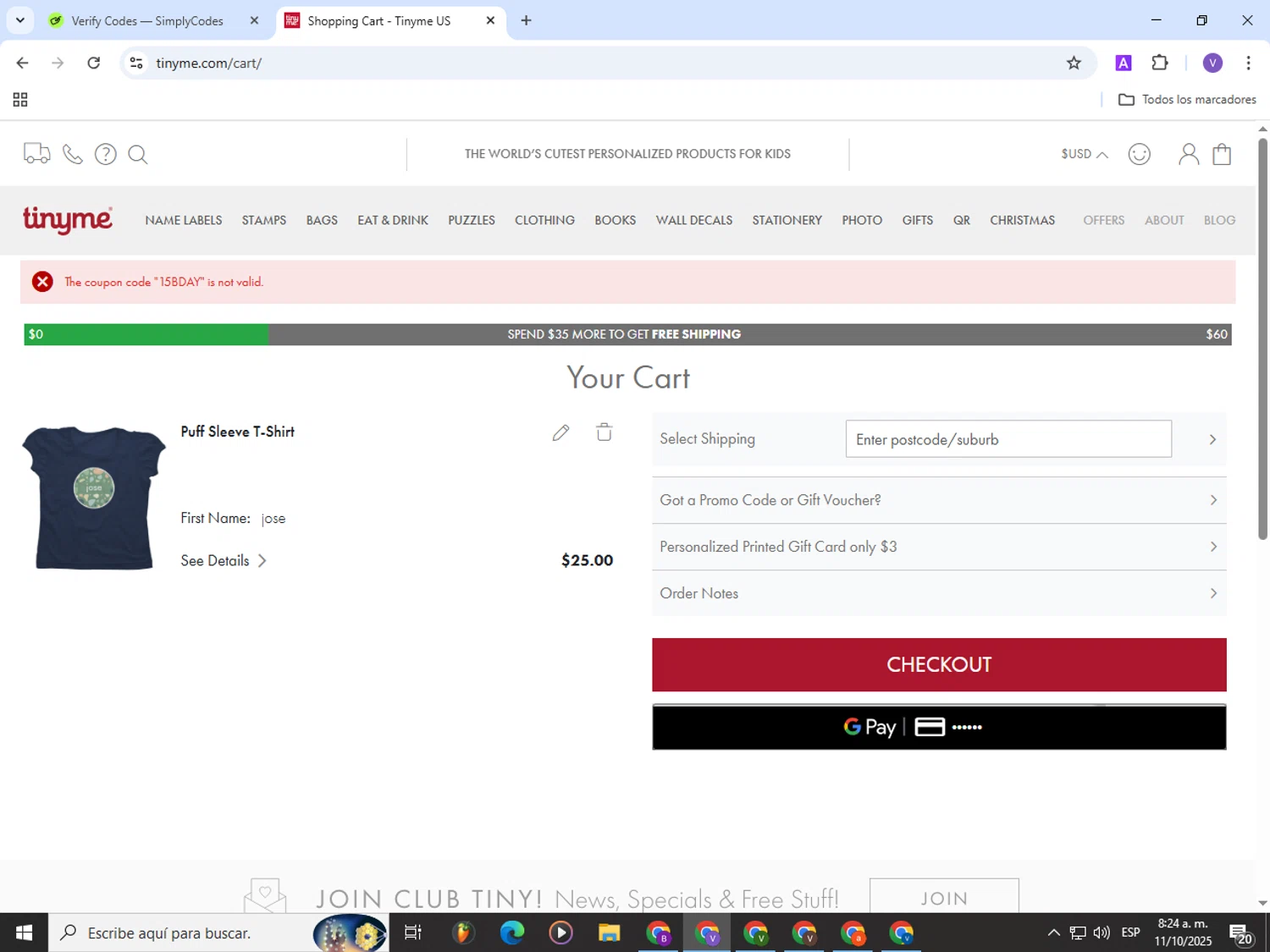TinyMe promo code screenshot showing code 15BDAY applied at TinyMe checkout page. Uploaded by SimplyCodes community member Satoru_gojo on Oct 11, 2025