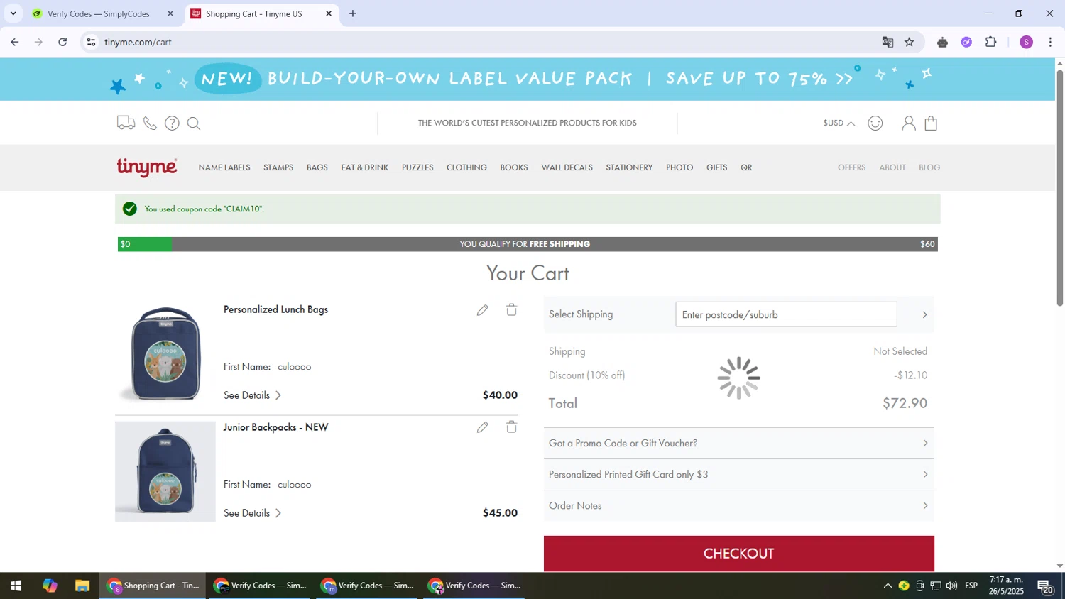 TinyMe promo code screenshot showing code CLAIM10 applied at TinyMe checkout page. Uploaded by SimplyCodes community member Son_Goku on May 26, 2025
