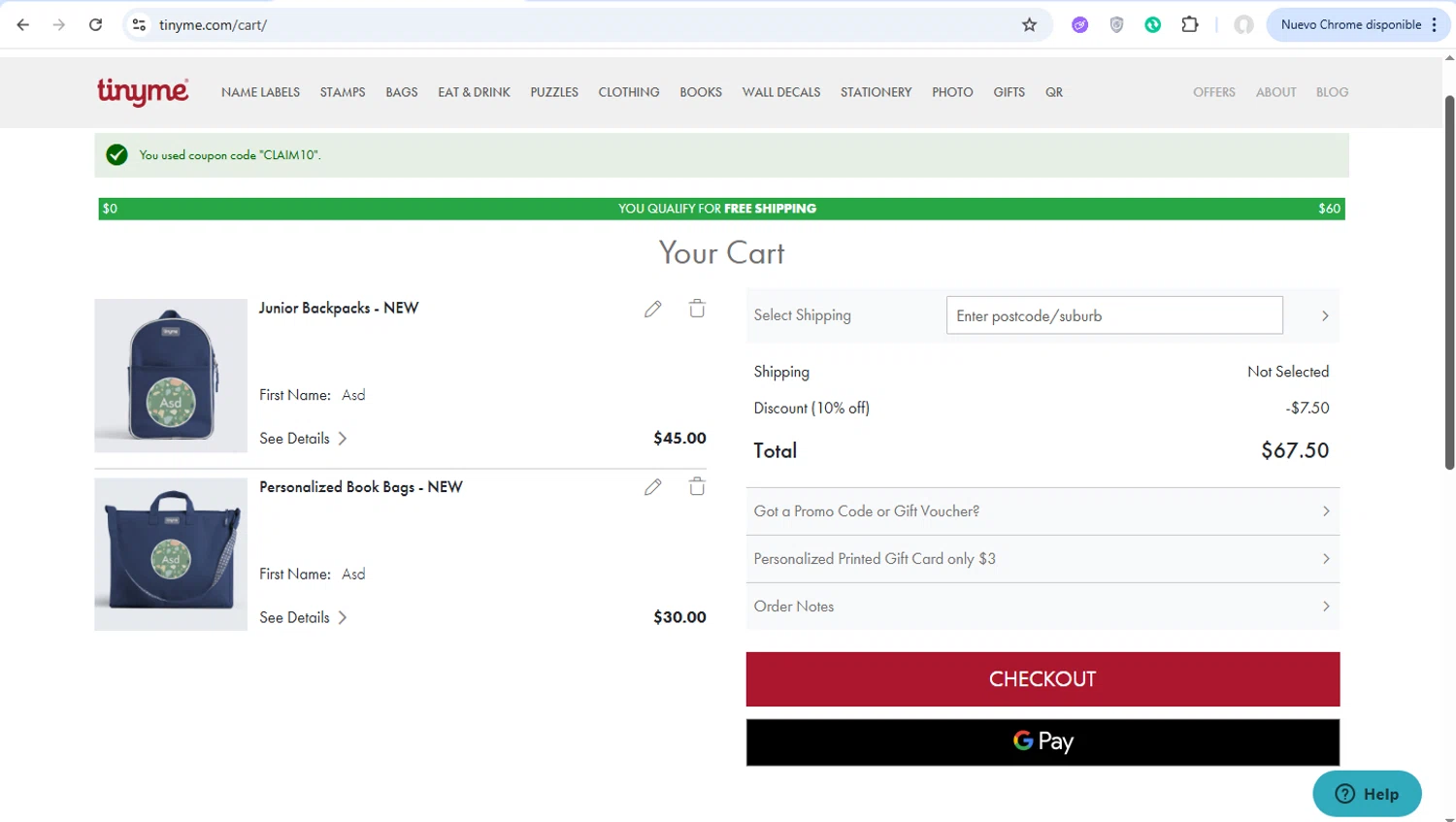 TinyMe promo code screenshot showing code CLAIM10 applied at TinyMe checkout page. Uploaded by SimplyCodes community member dtavoplomeria on Jul 23, 2025