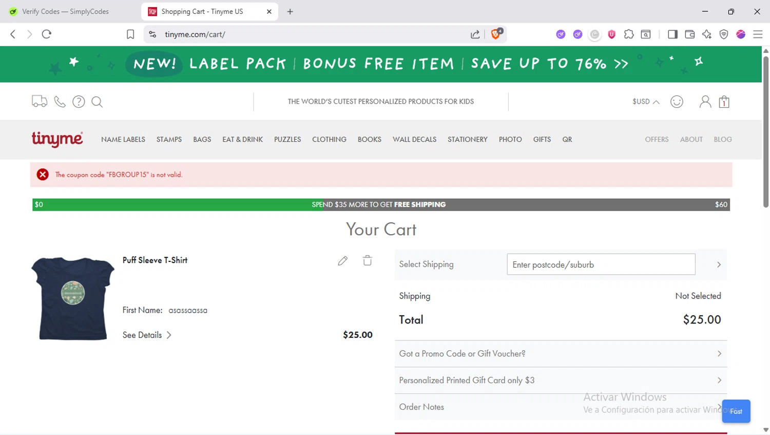 TinyMe promo code screenshot showing code FBGROUP15 applied at TinyMe checkout page. Uploaded by SimplyCodes community member SapeGato on Aug 22, 2025