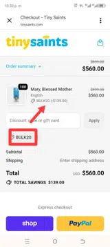 Tiny Saints coupon verification screenshot