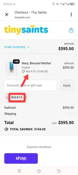 Tiny Saints coupon verification screenshot