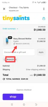 Tiny Saints coupon verification screenshot
