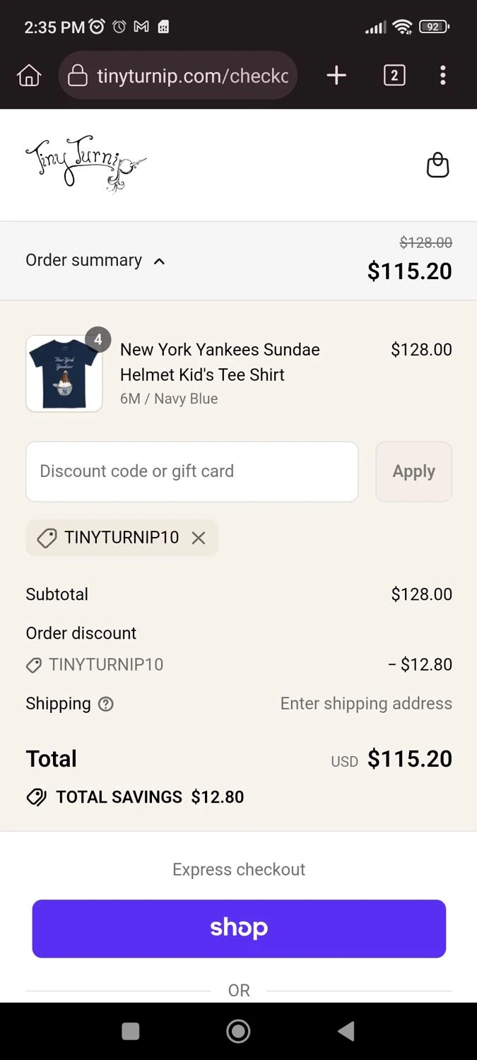 Tiny Turnip discount code screenshot showing code TINYTURNIP10 applied at Tiny Turnip checkout page. Uploaded by SimplyCodes community member CrownLion2750 on Sep 16, 2025
