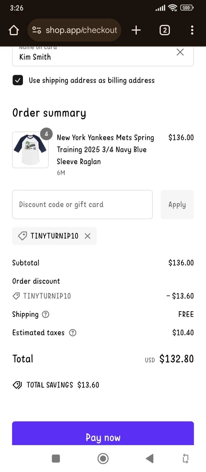 Tiny Turnip discount code screenshot showing code TINYTURNIP10 applied at Tiny Turnip checkout page. Uploaded by SimplyCodes community member KimChrista_ on Jan 21, 2025