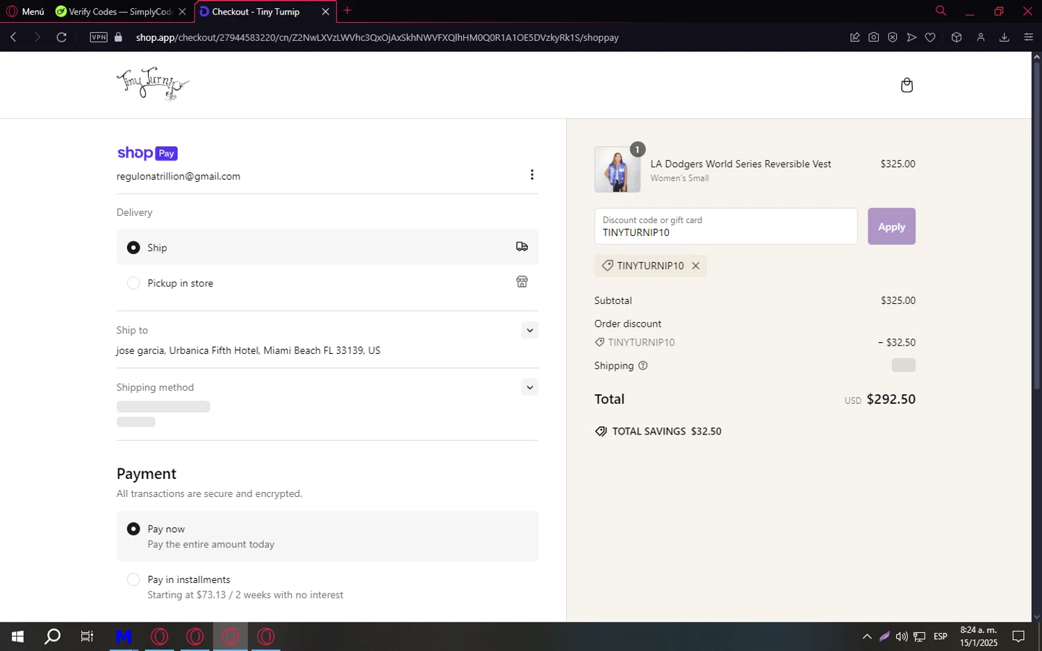 Tiny Turnip discount code screenshot showing code TINYTURNIP10 applied at Tiny Turnip checkout page. Uploaded by SimplyCodes community member TreasureCaptain9598 on Jan 15, 2025