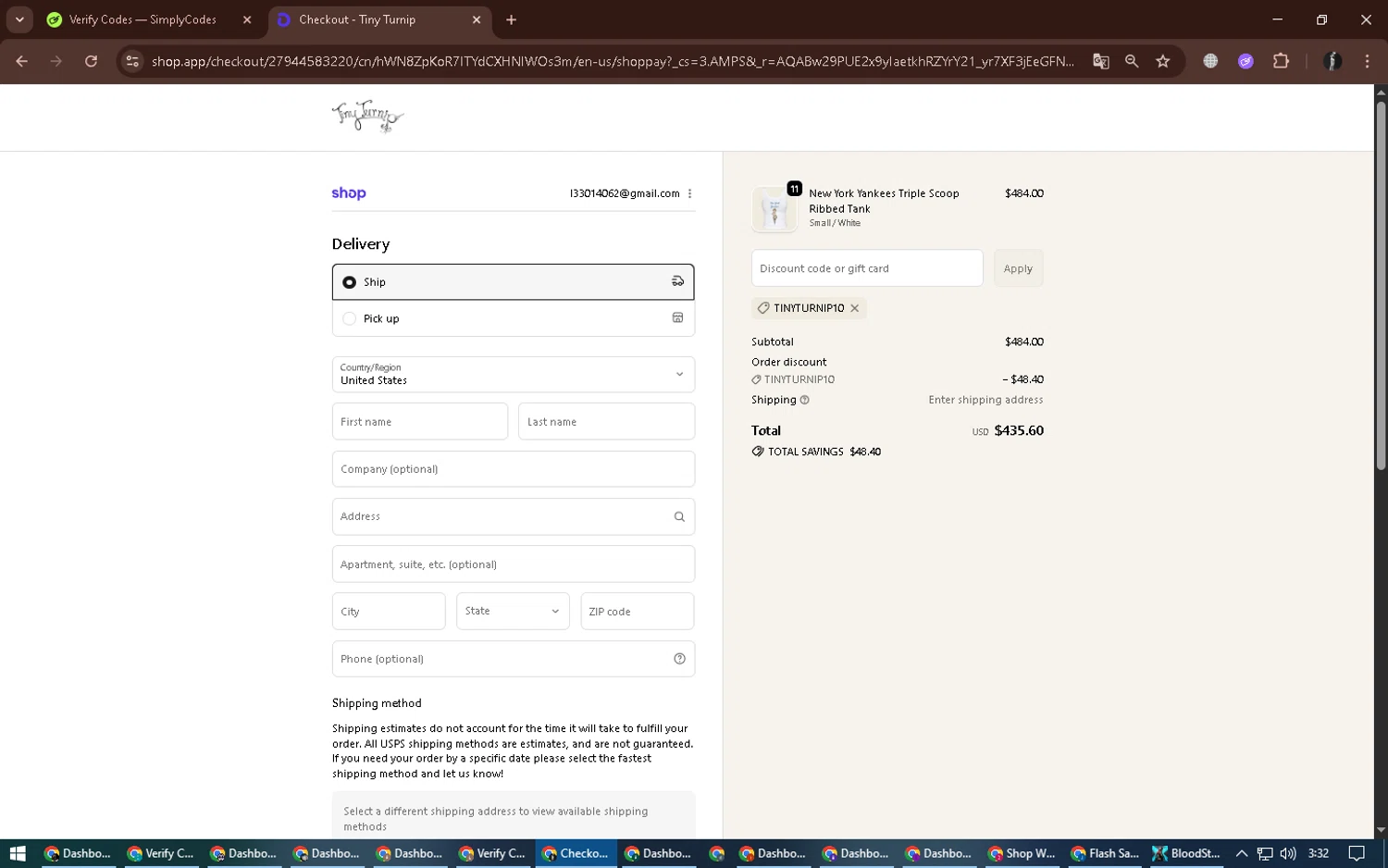 Tiny Turnip checkout page showing Tiny Turnip discount code box | Screenshot taken by SimplyCodes community member on Feb 9, 2026