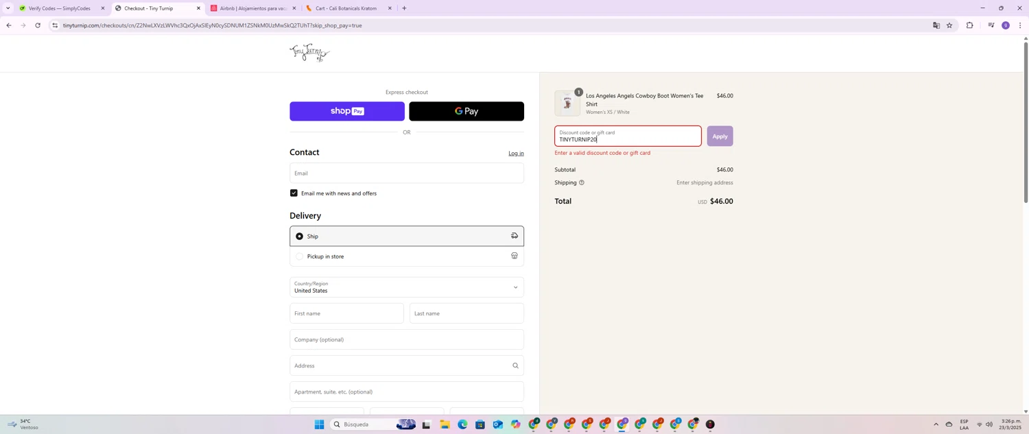 Tiny Turnip discount code screenshot showing code TINYTURNIP20 applied at Tiny Turnip checkout page. Uploaded by SimplyCodes community member BrilliantSentinel3167 on Mar 23, 2025